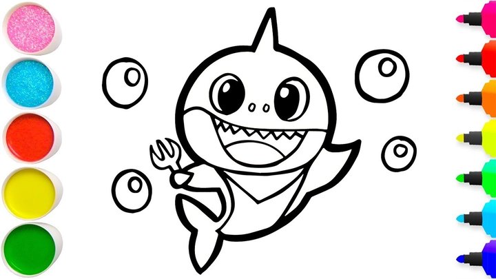 Vẽ Và Tô Màu Cá Mập - Glitter Baby Shark Drawing And Coloring For Kids -  Cara Menggambar Baby Shark | Vẽ Cho Bé Bibi